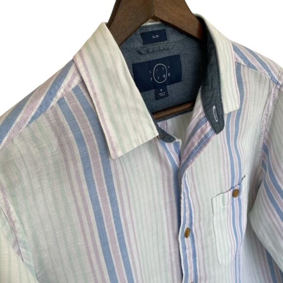 Even Tide White, Light Blue, Pink Striped Linen Blend Slim Button Up - Medium - Picture 2 of 5